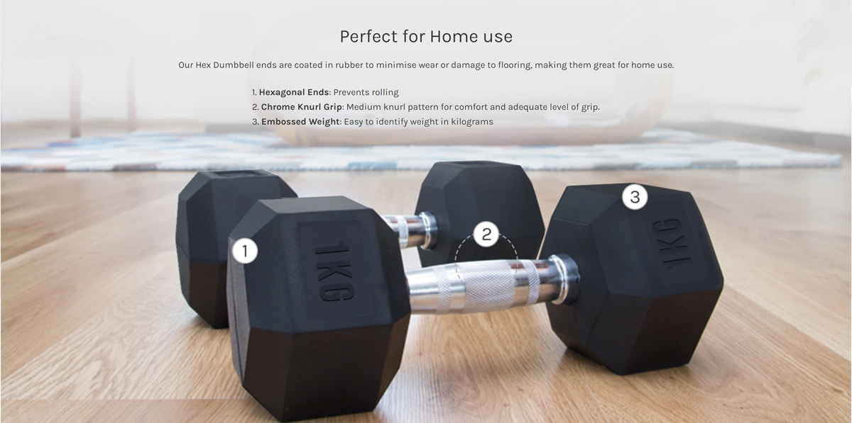 Pair of 1kg hex dumbbells